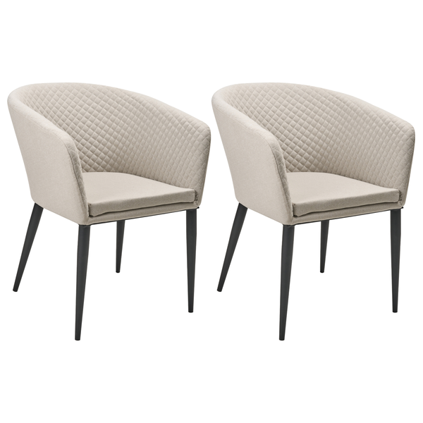 Set aus zwei Polstersesseln mit beigefarbenem Stoffbezug, Rautensteppung und schwarzen Metallbeinen.