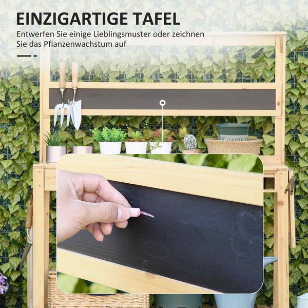 Outsunny Gärtnertisch Pflanztisch mit 8 Haken Ablage Schublade Blumentisch aus Holz für Terrasse Garten 151 x 45,5 x 143 cm Natur
