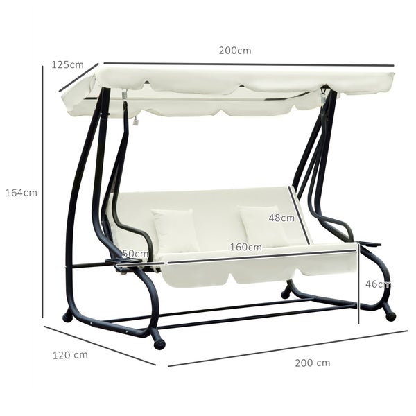 Outsunny Schaukelstuhl, 3-Sitzer, Dachwinkel, verstellbar, 200 x 120 x 164 cm, Stahl, Polyestergewebe Creme