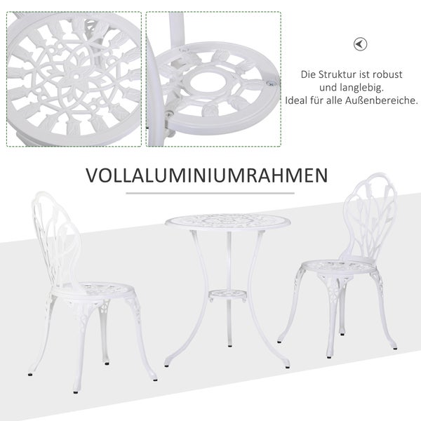 Outsunny 3-teilige Essgruppe, 1 Tisch+2 Stühle, mit Schirmloch, Ø60 x 67H cm, Aluminium, Weiß
