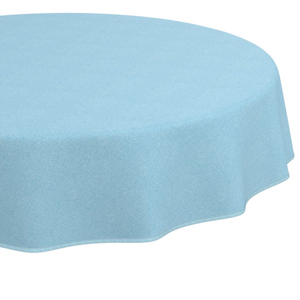 Hellblaue runde Tischdecke aus Stoff mit feiner Webstruktur.