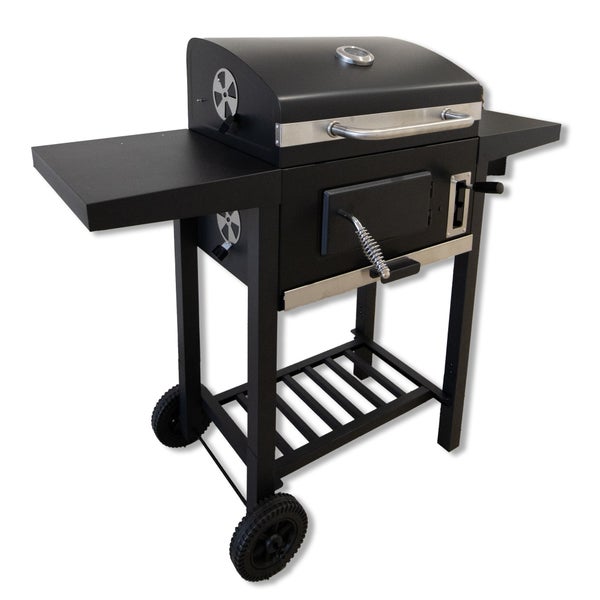 Holzkohlegrill mit seitlichen Ablagen, höhenverstellbarer Kohlewanne und integriertem Thermometer im Deckel.