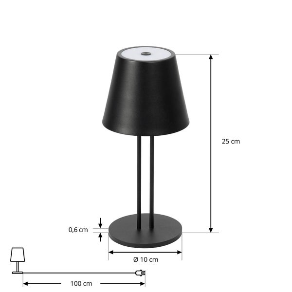 Schwarze LED-Tischleuchte mit Maßen: Höhe 25 Zentimeter, Fußdurchmesser 10 Zentimeter, Fußhöhe 0,6 Zentimeter und Kabellänge 100 Zentimeter.