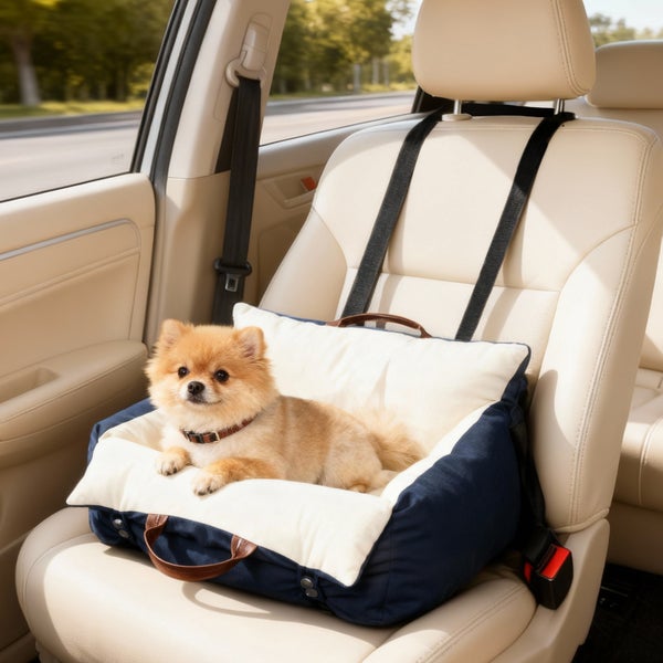 Kleiner Hund in einem gepolsterten Hundeautositz auf dem Beifahrersitz eines Autos, mit Befestigungsgurten an der Kopfstütze.