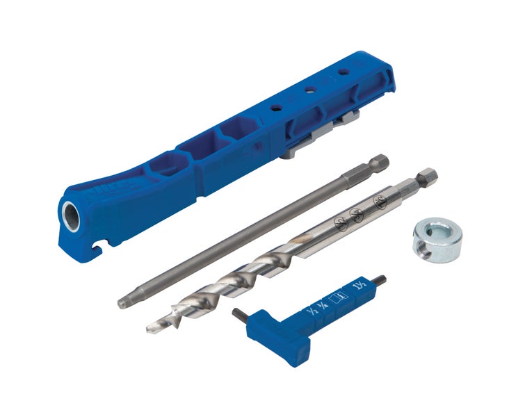 Kreg Taschenlochbohrlehre Set mit blauem Kunststoffgehäuse, Stufenbohrer, Schrauberbit, Tiefeneinstelllehre und Sechskantschlüssel.