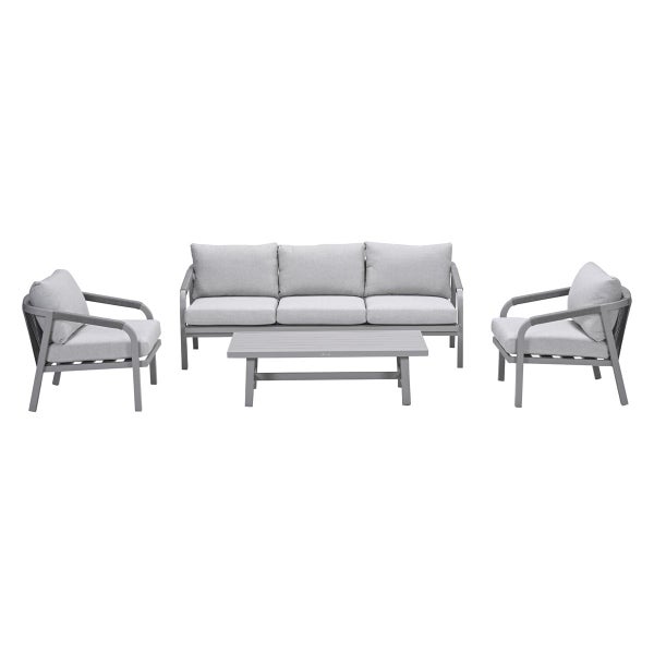 Garten-Lounge-Set bestehend aus einem Dreisitzer-Sofa, zwei Sesseln und einem rechteckigen Tisch. Graues Metallgestell mit grauen Polstern.