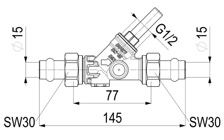 Maßzeichnung Schrägsitzventil mit Angaben zu Länge 145 Millimeter, Einbaulänge 77 Millimeter, Durchmesser 15 Millimeter und Gewinde G ein halb.