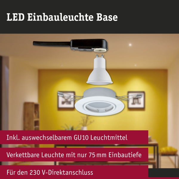 LED Einbauleuchte Base inklusive auswechselbarem GU10 Leuchtmittel, 75 Millimeter Einbautiefe und 230 Volt Direktanschluss.