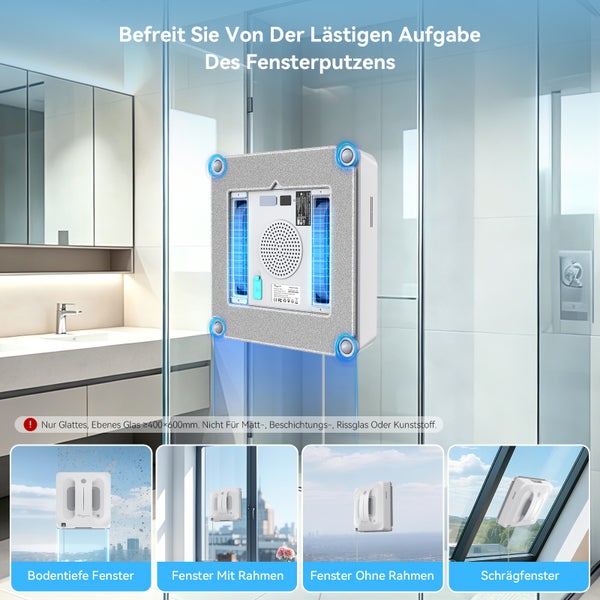 Fensterreinigungsroboter im Einsatz an bodentiefen Fenstern, Fenstern mit und ohne Rahmen sowie an Schrägfenstern.