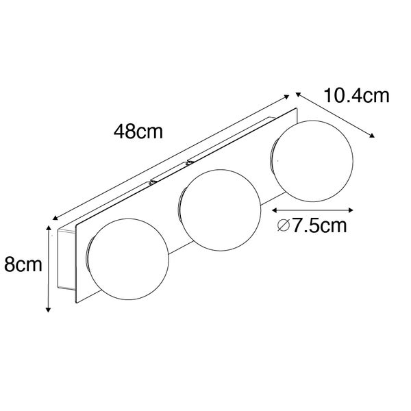 Technische Zeichnung einer Lampe mit drei Leuchten, Länge 48 Zentimeter, Höhe 8 Zentimeter, Tiefe 10,4 Zentimeter, Durchmesser der Leuchten je 7,5 Zentimeter.