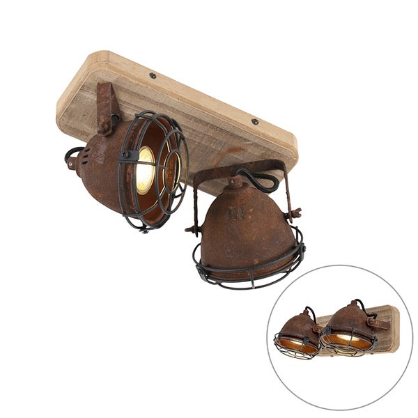 Deckenleuchte mit zwei Strahlern im Industrie Design mit Holzträger