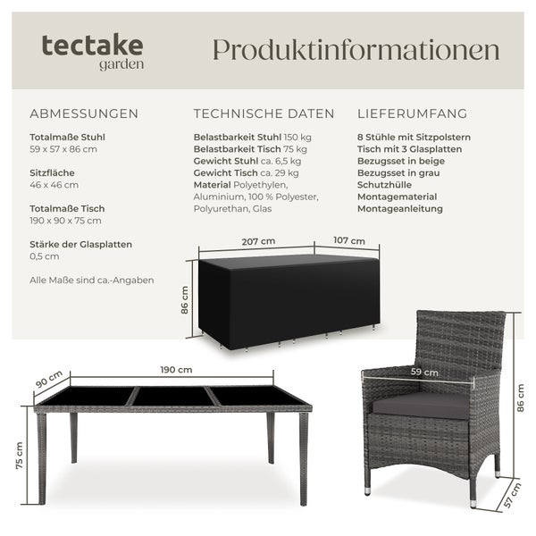 Rattan Sitzgruppe tectake Menorca 2 Bezugssets, inklusive Schutzhülle mit Aluminiumgestell grau