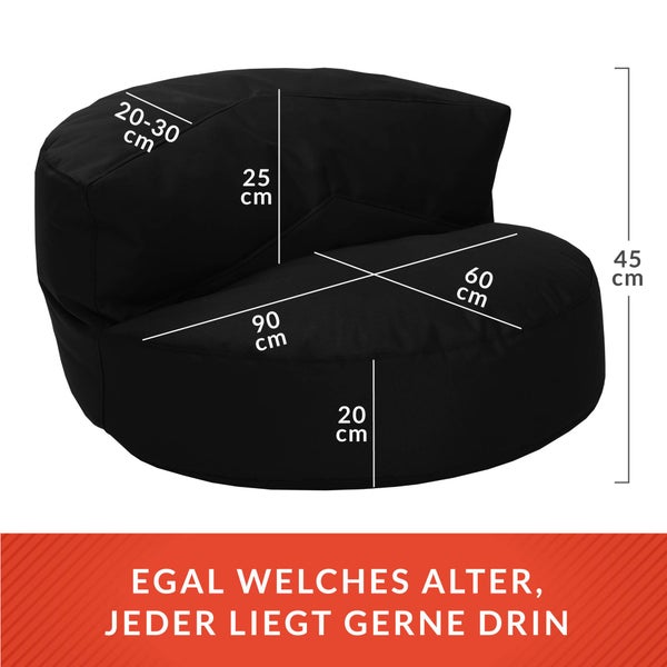 Green Bean Sitzsack Sofa mit Füllmaterial - Lounge im Sitzsack-Design 90x50cm mit ergonomischer Rückenlehne & waschbarem Bezug - Indoor und Outdoor geeignet in Schwarz