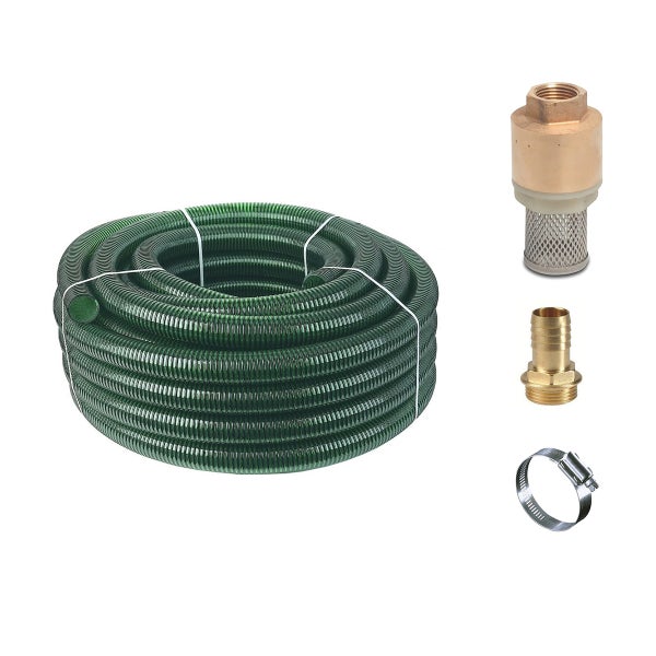 Saugschlauch-Set bestehend aus grünem Spiralschlauch, Fußventil aus Messing, Schlauchtülle und Schlauchschelle aus Metall.