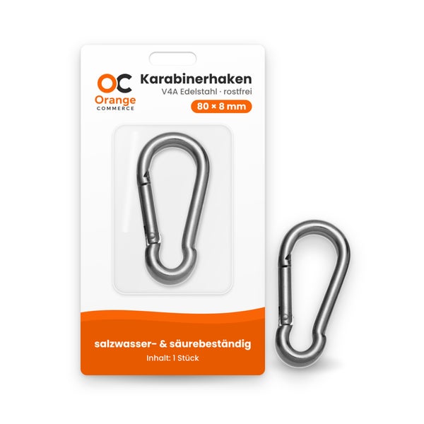 Orange Commerce Karabinerhaken aus rostfreiem V4A Edelstahl, 80 mal 8 Millimeter, salzwasser- und säurebeständig, 1 Stück
