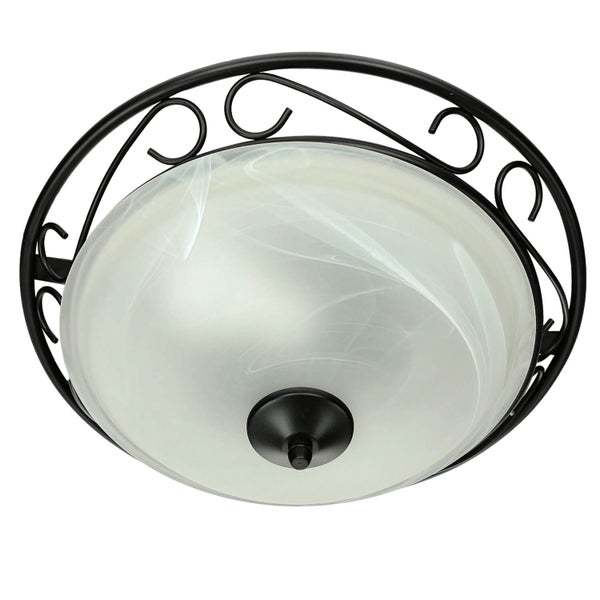 Deckenleuchte mit geschwungenem, schwarzem Metallrahmen und Lampenschirm aus Glas