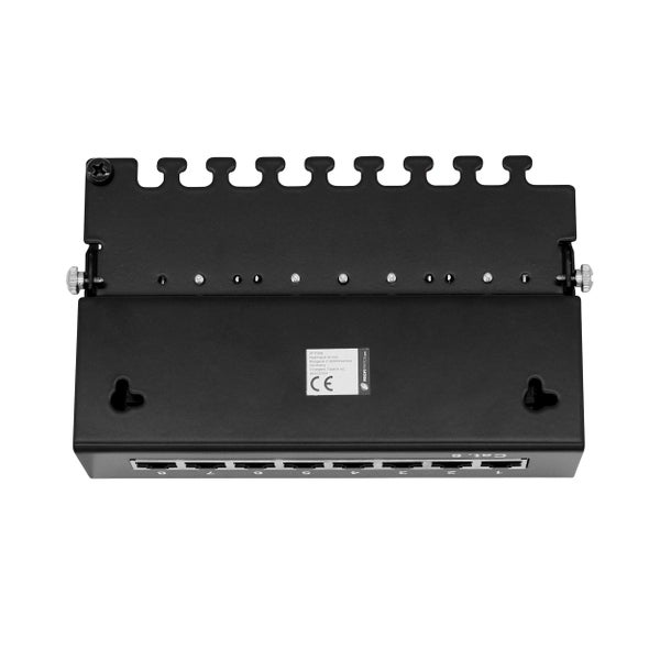 Kategorie 6 Patchpanel aus Metall mit 8 Anschlüssen und Kabelführung für die Wandmontage.