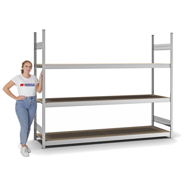 PROREGAL Weitspannregal Stecksystem T-Profil Grundregal HxBxT 200x250x60 cm 3 Ebenen Spanplatten Fachboden Fachlast 350 kg Verzinkt