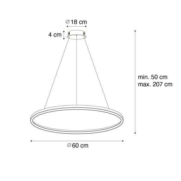 Abbildung der Abmessungen einer runden Hängeleuchte mit einem Durchmesser von 60 cm