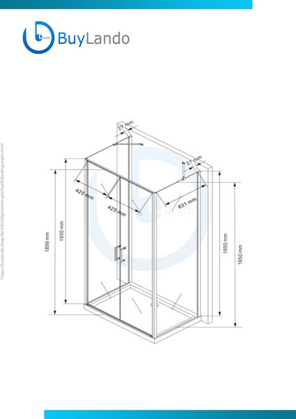 Technische Zeichnung einer Duschkabine mit Maßangaben