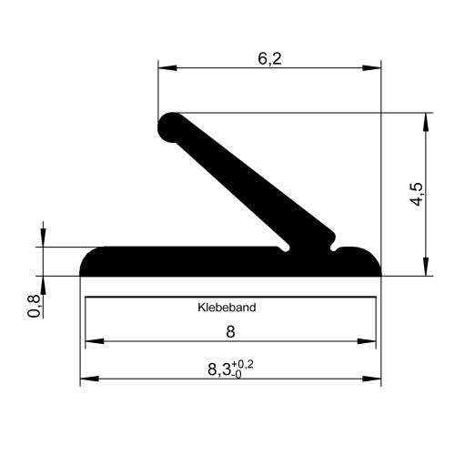 Technische Querschnittzeichnung eines Profils mit Klebeband. Maße in Millimeter: Gesamtbreite 8,3, Klebebandbreite 8, Höhe 4,5, Basisdicke 0,8.