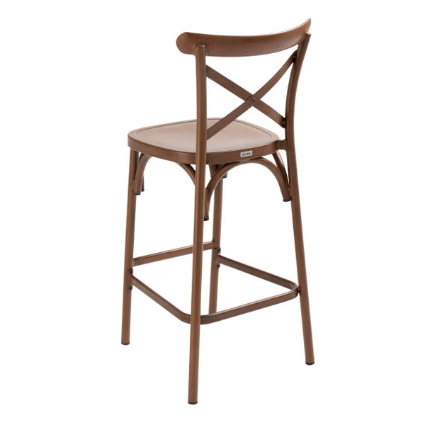 Barhocker mit Kreuzrückenlehne und Metallgestell in Holzoptik.
