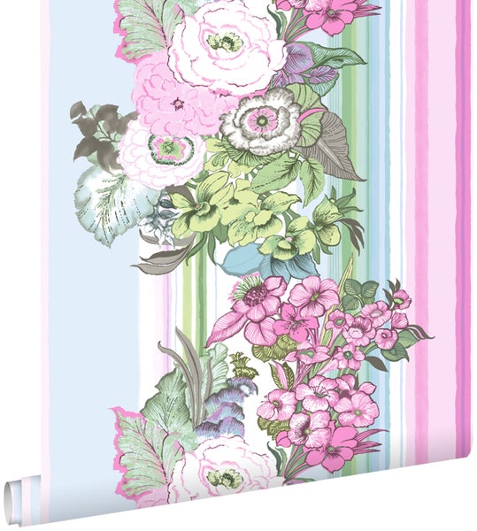 ESTAhome Tapete Blumenmuster Hellrosa und Türkis - 53 cm x 10.05 m - 138113