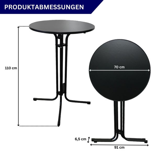 Abmessungen eines schwarzen Bistrotisches mit runder Tischplatte und Metallgestell, Höhe 110 cm, Durchmesser Tischplatte 70 cm