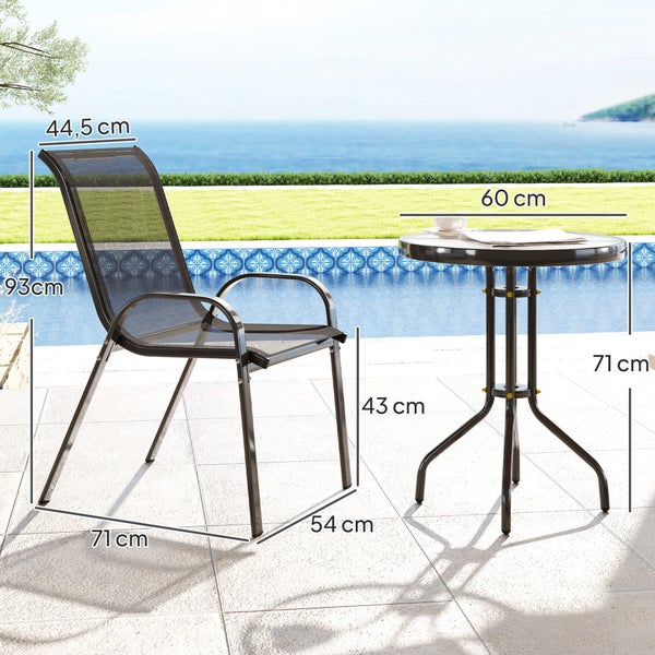 Gartenmöbel Set aus Metall mit Maßen: Stuhl Höhe 93 Zentimeter, Sitzhöhe 43 Zentimeter; Runder Tisch Durchmesser 60 Zentimeter, Höhe 71 Zentimeter.