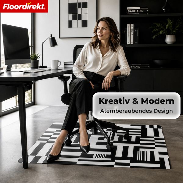 Modernes Arbeitszimmer mit Frau am Schreibtisch und geometrisch gemusterter Bodenschutzmatte unter dem Bürostuhl. Floordirekt Logo.