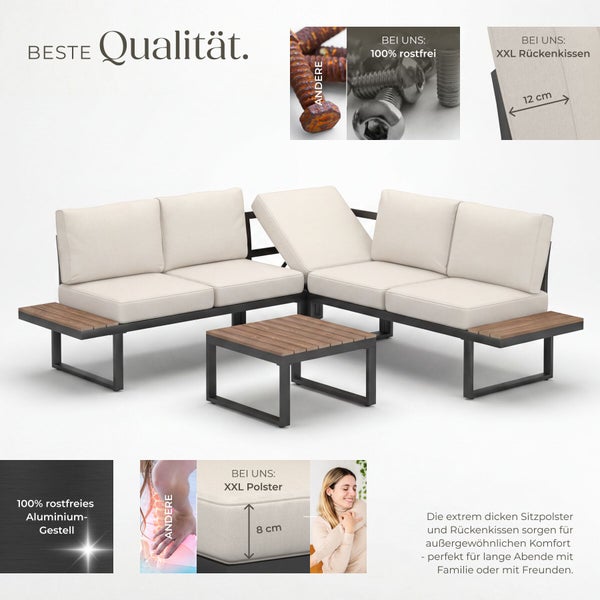 Garten-Lounge-Set mit Ecksofa und Couchtisch. Gestell aus rostfreiem Aluminium, Holzdetails und 8 sowie 12 Zentimeter dicke Polster.