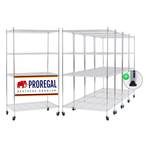 Drahtgitterregal auf Rollen mit vier Ebenen, modulares Regalsystem aus Metall, inklusive höhenverstellbarer Füße, Proregal Logo.