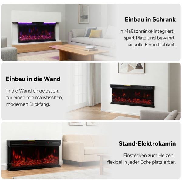 Elektrokamin mit drei Einbauvarianten: Schrank, Wand und Standkamin.
