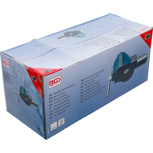 Verpackung eines Parallel Schraubstocks mit 150 Millimeter Backenbreite