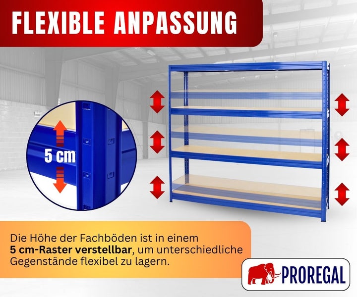 Blaues Schwerlastregal von PROREGAL mit Holzböden, die in einem 5 Zentimeter Raster höhenverstellbar sind. PROREGAL Logo.