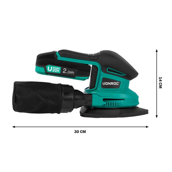 VONROC Dreieckschleifer mit Staubbeutel und Größenangabe