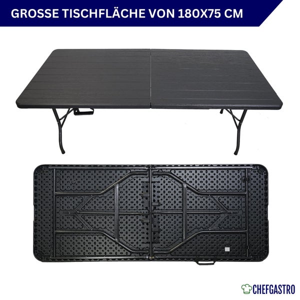 Klappbarer Buffettisch mit einer Tischfläche von 180 mal 75 Zentimeter in aufgestelltem und zusammengeklapptem Zustand. ChefGastro Logo.