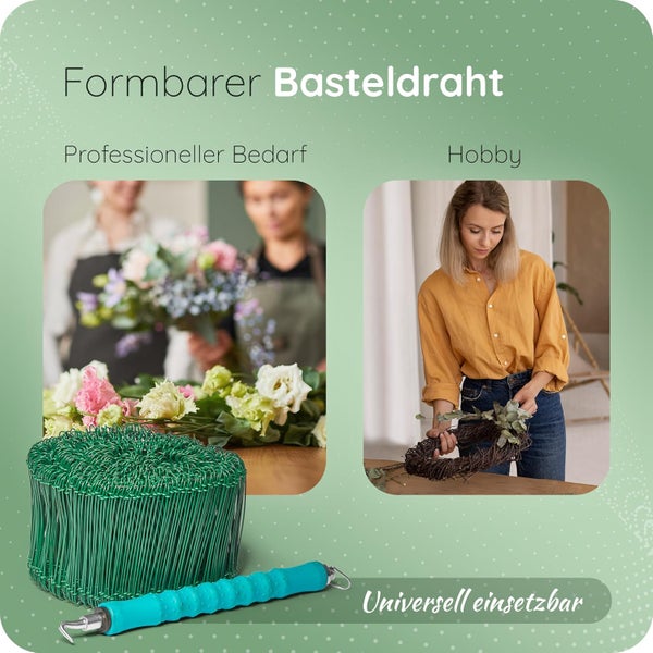 Formbarer Basteldraht mit Wickelwerkzeug für die professionelle Floristik und das Basteln von Kränzen im Hobbybereich.