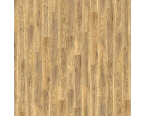 Laminatboden in Eichenoptik mit deutlicher Maserung und Astlöchern im Verlegemuster.