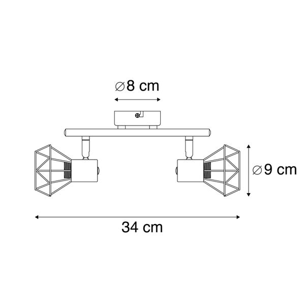 Skizze einer Deckenleuchte mit zwei Lampen und Maßangaben