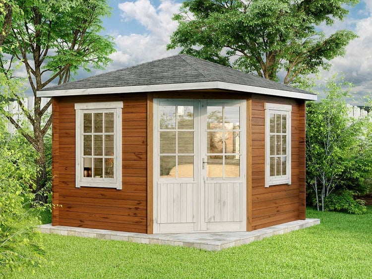 Alpholz 5-Eck Gartenhaus Monica Gartenhaus aus Holz in Pinie, Holzhaus mit 40 mm Wandstärke, Blockbohlenhaus mit Montagematerial, Holzhaus mit Boden, Dacheindeckung und Montage imprägniert 3x3m