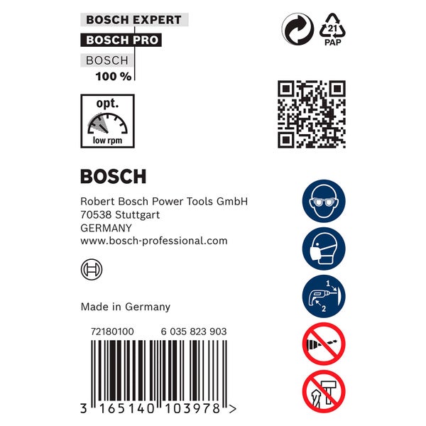 Bosch Experte. Hinweis auf Papierverpackung, QR-Code und Sicherheitshinweise.