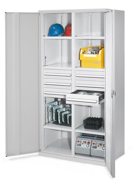 Stahlschrank mit Fächern, Schubladen und verschiedenen Werkzeugen