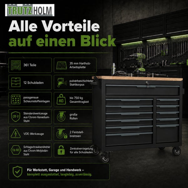 Trutzholm Werkstattwagen mit 12 Schubladen, 361-teiligem Werkzeugsatz, Hartholz-Arbeitsplatte und Stahlkorpus in einer organisierten Werkstatt.