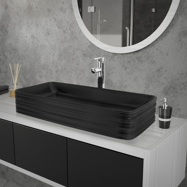 ML-Design Waschbecken aus Keramik Schwarz 68x38x12 cm Eckig inkl. Ablaufgarnitur, Moderne Aufsatzwaschbecken, Design Waschtisch Aufsatz-Waschschale Waschplatz Handwaschbecken, für Badezimmer/Gäste-WC