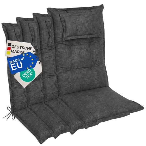 Graue Gartenstuhlauflagen mit dem Kennzeichen Deutsche Marke, Hergestellt in der EU und Oeko-Tex Siegel.