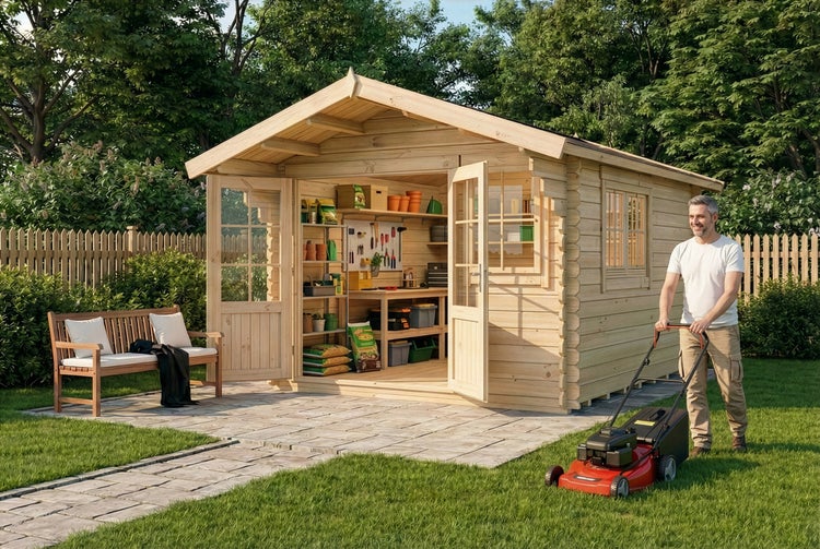 Gartenhaus aus Holz mit offenen Doppeltüren, Inneneinrichtung mit Regalen und Werkbank, Mann beim Rasenmähen und Gartenbank auf Steinterrasse.