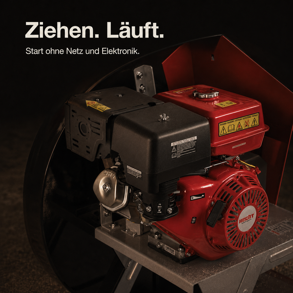 Roter Hecht Benzinmotor mit schwarzer Abdeckung, Seilzugstarter, Kraftstofftank und Hecht Logo.