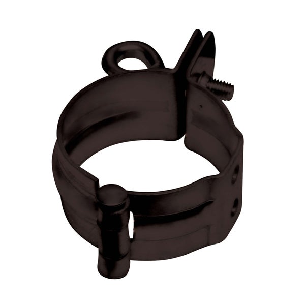 Fallrohrschelle aus schwarzem Metall mit Gelenk und Schraubverschluss zur Befestigung von Regenrohren.