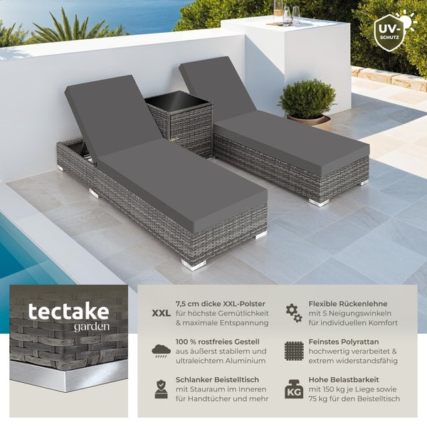 2er Set Rattan Sonnenliegen tectake  wetterfest und UV-beständig mit Aluminiumgestell grau